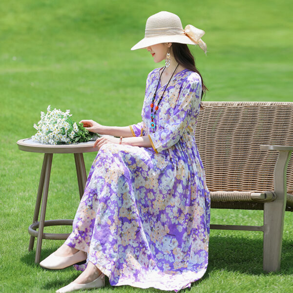 Cotton And Linen Floral Collar Loose Waist Slimming Look Mid-Sleeve Mid-Length Dress