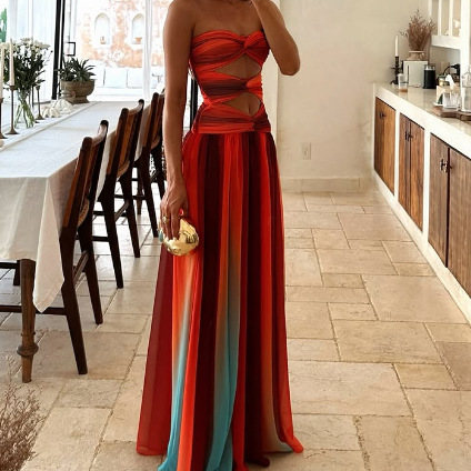 Gradient Color Casual Dress Vacation Travel Fashion Long Skirt Hollow Out Backless Mid Waist Polyester Spring Summer