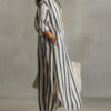 Polyester Fashion Loose V-neck Long Striped Summer Shirt Dress