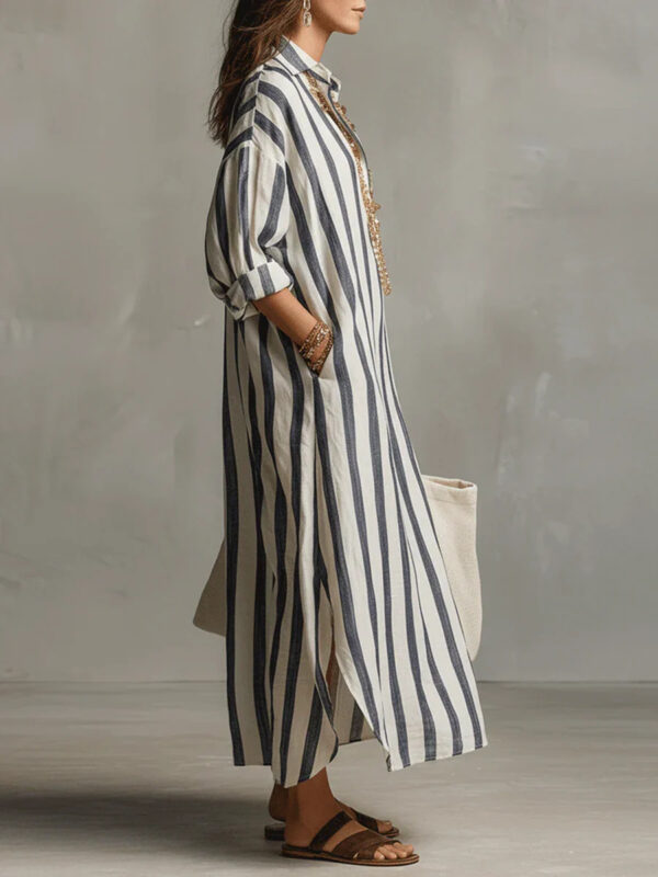 Polyester Fashion Loose V-neck Long Striped Summer Shirt Dress