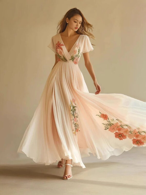 Polyester Short-Sleeved Digital Printing Positioning Dress Long Skirt