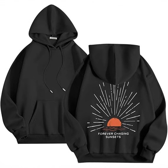 Polyester Printed Hoode Women's Fleece Sweatshirt With Sunset Print, Kangaroo Pocket, Drawstring
