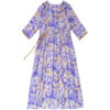 Cotton And Linen Floral Collar Loose Waist Slimming Look Mid-Sleeve Mid-Length Dress