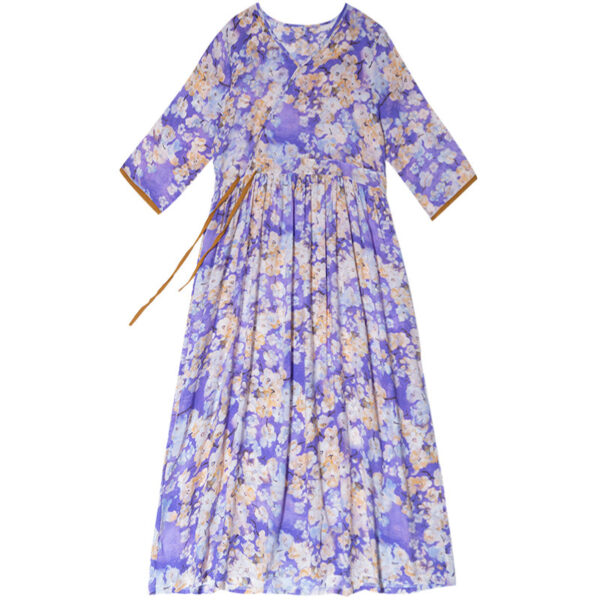 Cotton And Linen Floral Collar Loose Waist Slimming Look Mid-Sleeve Mid-Length Dress