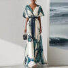 Polyester Digital Printing Thin Rope Short-Sleeved Dress Long Skirt