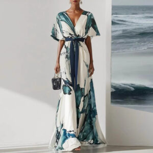 Polyester Digital Printing Thin Rope Short-Sleeved Dress Long Skirt