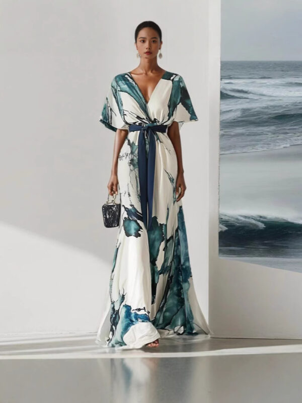 Polyester Digital Printing Thin Rope Short-Sleeved Dress Long Skirt