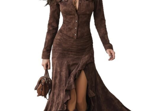 Suede Fabric Slim-Fit Zipper Stand-Up Collar Slit Long Dress