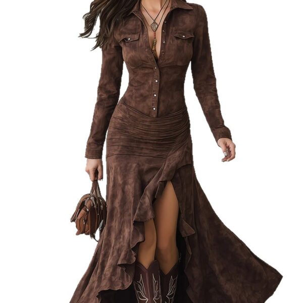 Suede Fabric Slim-Fit Zipper Stand-Up Collar Slit Long Dress