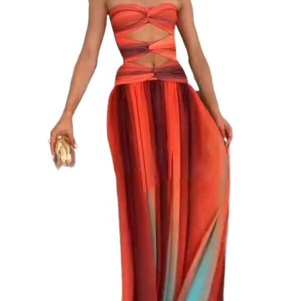 Gradient Color Casual Dress Vacation Travel Fashion Long Skirt Hollow Out Backless Mid Waist Polyester Spring Summer
