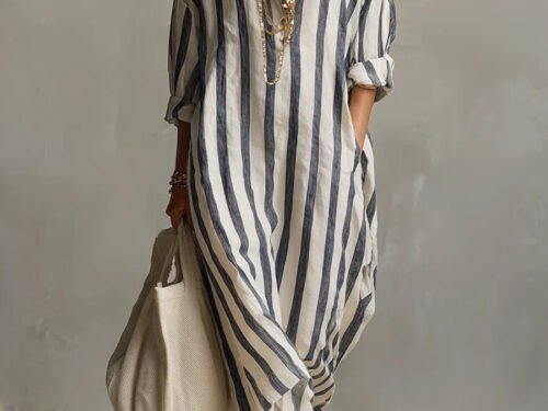 Polyester Fashion Loose V-neck Long Striped Summer Shirt Dress