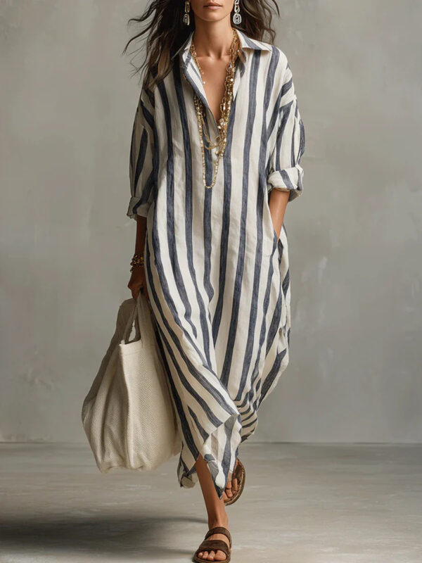 Polyester Fashion Loose V-neck Long Striped Summer Shirt Dress