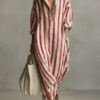 Polyester Fashion Loose V-neck Long Striped Summer Shirt Dress
