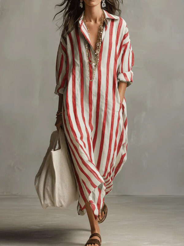 Polyester Fashion Loose V-neck Long Striped Summer Shirt Dress