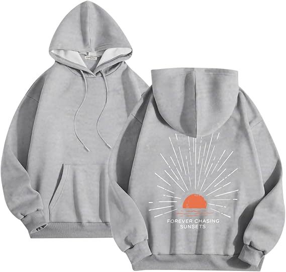 Polyester Printed Hoode Women's Fleece Sweatshirt With Sunset Print, Kangaroo Pocket, Drawstring