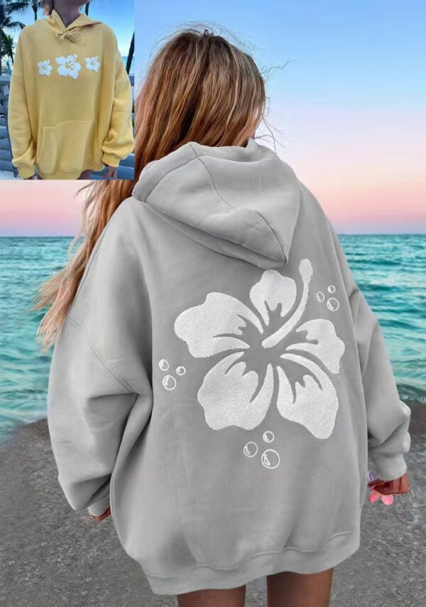 Polyester Printed Hoode Women's Fleece Sweatshirt With Sunset Print, Kangaroo Pocket, Drawstring