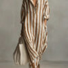 Polyester Fashion Loose V-neck Long Striped Summer Shirt Dress