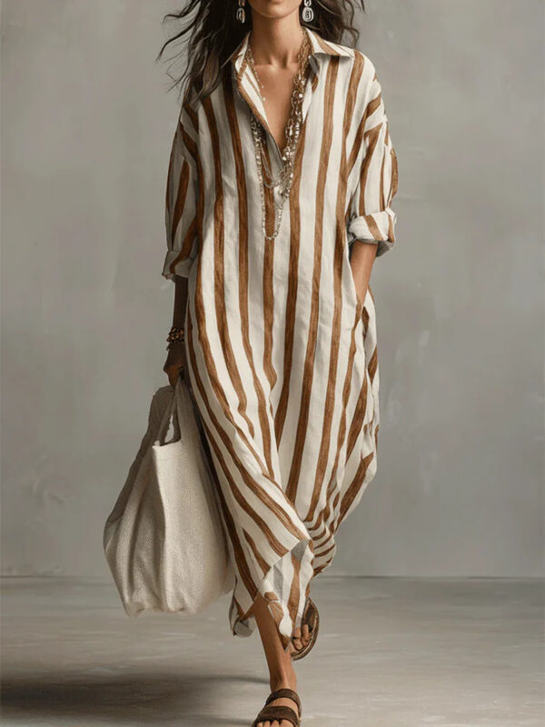 Polyester Fashion Loose V-neck Long Striped Summer Shirt Dress