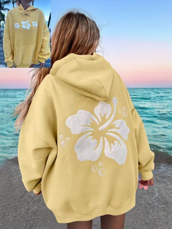 Polyester Printed Hoode Women's Fleece Sweatshirt With Sunset Print, Kangaroo Pocket, Drawstring