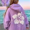 Polyester Printed Hoode Women's Fleece Sweatshirt With Sunset Print, Kangaroo Pocket, Drawstring