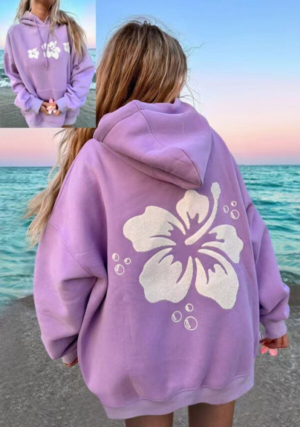 Polyester Printed Hoode Women's Fleece Sweatshirt With Sunset Print, Kangaroo Pocket, Drawstring