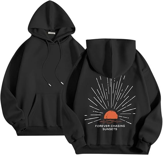 Polyester Printed Hoode Women's Fleece Sweatshirt With Sunset Print, Kangaroo Pocket, Drawstring