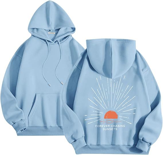Polyester Printed Hoode Women's Fleece Sweatshirt With Sunset Print, Kangaroo Pocket, Drawstring