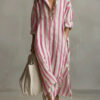 Polyester Fashion Loose V-neck Long Striped Summer Shirt Dress