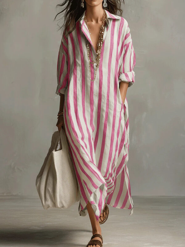 Polyester Fashion Loose V-neck Long Striped Summer Shirt Dress