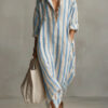 Polyester Fashion Loose V-neck Long Striped Summer Shirt Dress