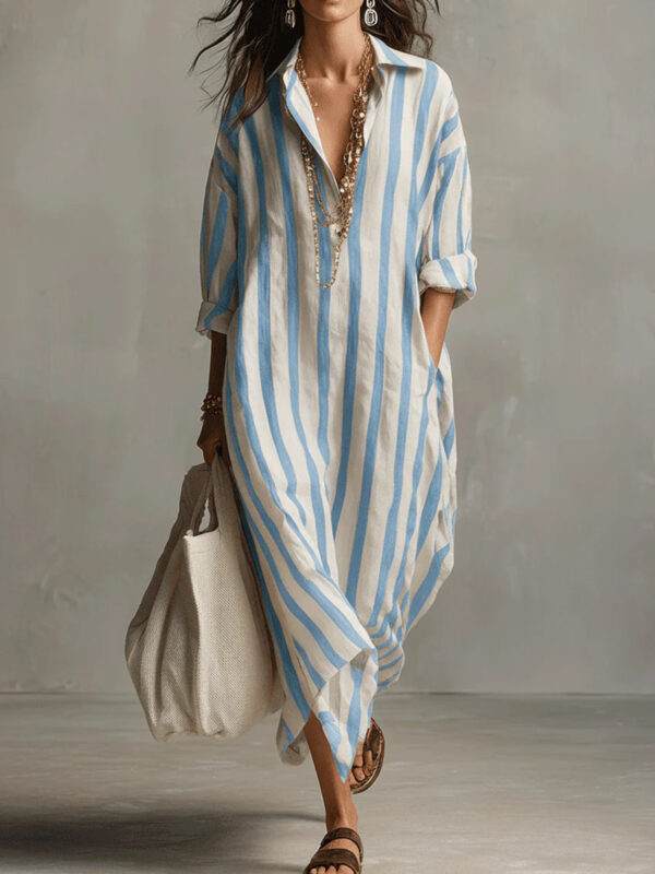 Polyester Fashion Loose V-neck Long Striped Summer Shirt Dress
