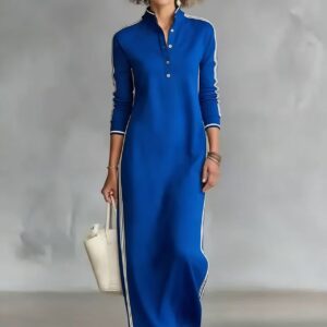 Cotton blend fabric Simple Button Collar Long-Sleeved Long Dress