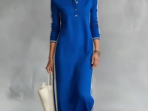 Cotton blend fabric Simple Button Collar Long-Sleeved Long Dress