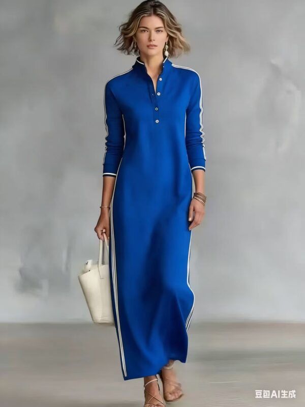Cotton blend fabric Simple Button Collar Long-Sleeved Long Dress