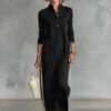 Cotton blend fabric Simple Button Collar Long-Sleeved Long Dress