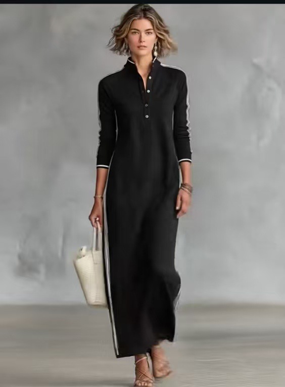 Cotton blend fabric Simple Button Collar Long-Sleeved Long Dress