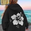 Polyester Printed Hoode Women's Fleece Sweatshirt With Sunset Print, Kangaroo Pocket, Drawstring