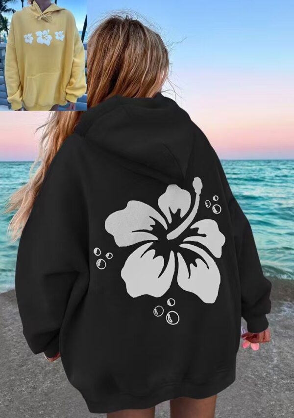 Polyester Printed Hoode Women's Fleece Sweatshirt With Sunset Print, Kangaroo Pocket, Drawstring