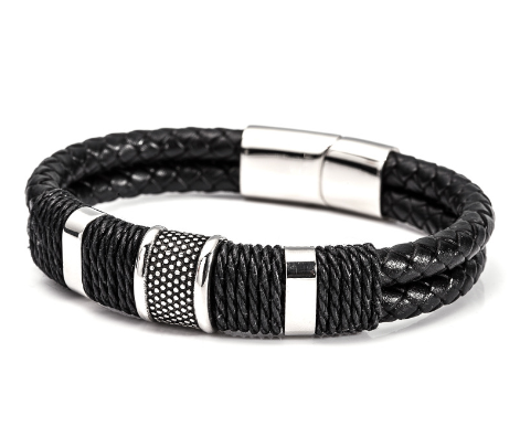 Men's Fashionable Leather Bracelet with Stainless Steel Wrap