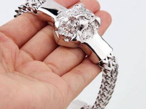 Men's Gold Stainless Steel Franco Chain Lion Head Bracelet