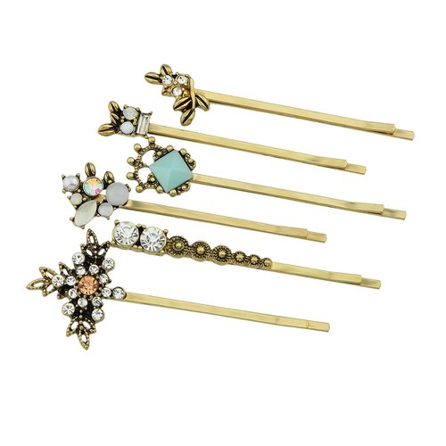 6 pcs Hair Accessories Ethnic Antique Gold Rhinestone Leaf Barrettes
