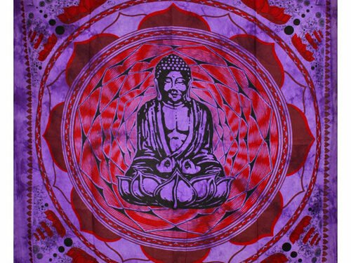 Purple Buddha In Dharma Chakra Mudra On A Lotus Flower Tapestry