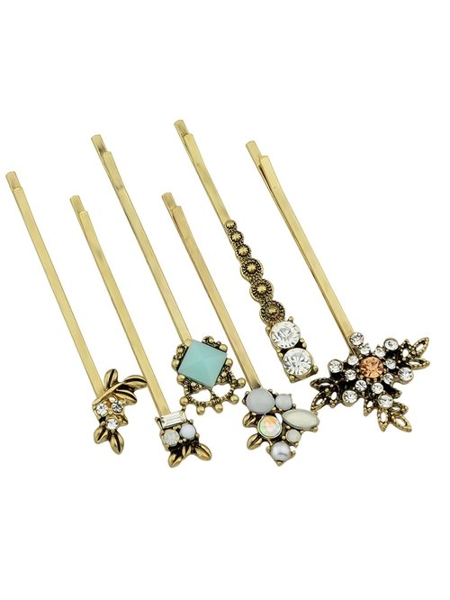6 pcs Hair Accessories Ethnic Antique Gold Rhinestone Leaf Barrettes