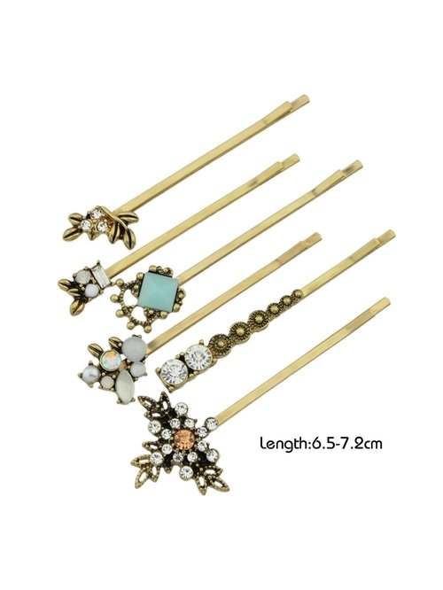 6 pcs Hair Accessories Ethnic Antique Gold Rhinestone Leaf Barrettes