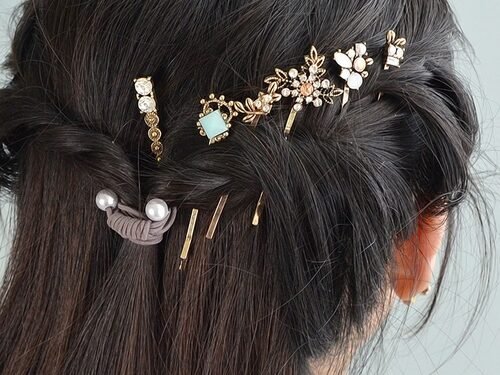 6 pcs Hair Accessories Ethnic Antique Gold Rhinestone Leaf Barrettes