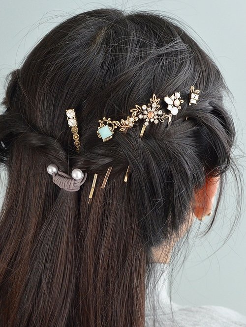 6 pcs Hair Accessories Ethnic Antique Gold Rhinestone Leaf Barrettes