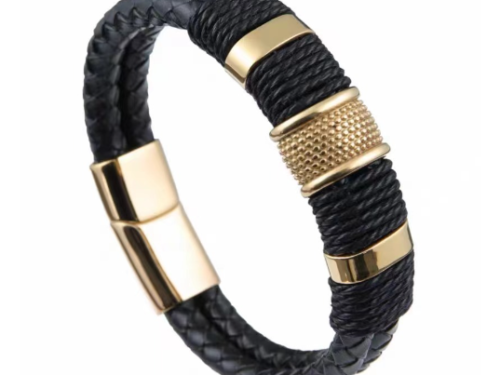 Men's Fashionable Leather Bracelet with Stainless Steel Wrap