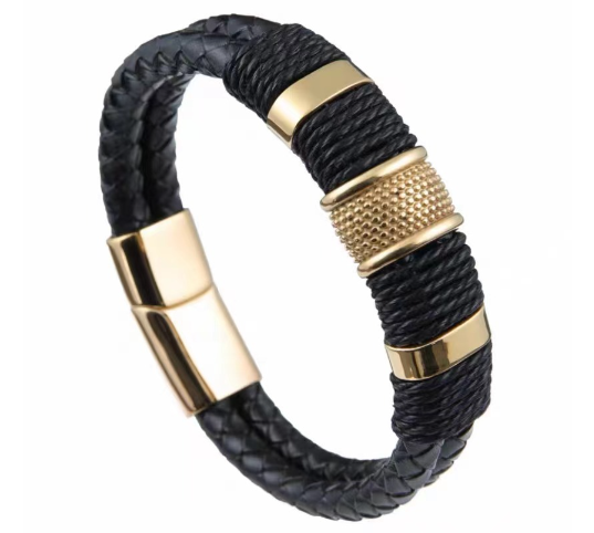 Men's Fashionable Leather Bracelet with Stainless Steel Wrap