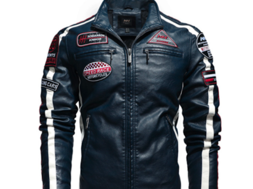 Mens Biker Vegan Leather Jacket With Badges