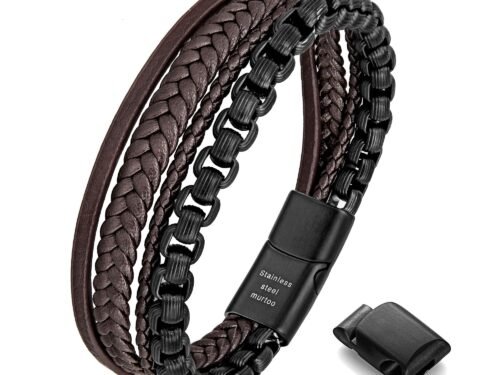 murtoo Mens Bracelet leather and Steel Stainless Steel Chain and Leather Bracelets